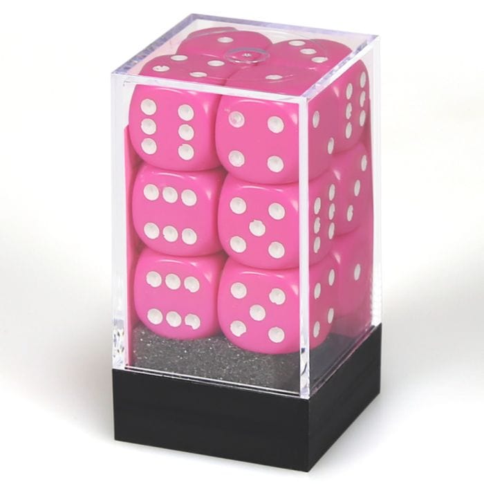 Chessex Manufacturing d6 Cube 16mm Opaque Pink with White (12) - Lost City Toys