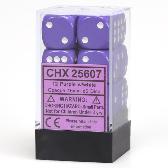 Chessex Manufacturing d6 Cube 16mm Opaque Purple with White (12) - Lost City Toys