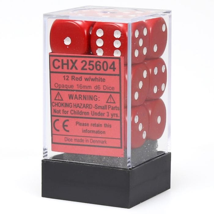 Chessex Manufacturing d6 Cube 16mm Opaque Red with White (12) - Lost City Toys