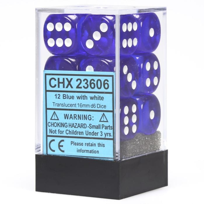 Chessex Manufacturing d6 Cube 16mm Translucent Blue with White (12) - Lost City Toys