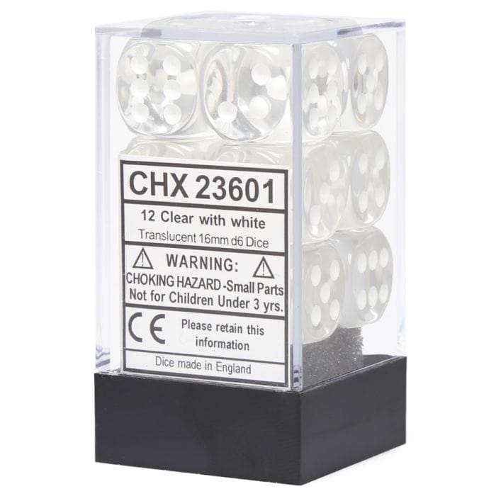 Chessex Manufacturing d6 Cube 16mm Translucent Clear with White (12) - Lost City Toys