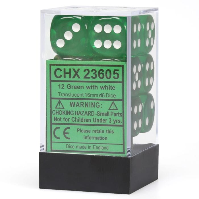 Chessex Manufacturing d6 Cube 16mm Translucent Green with White (12) - Lost City Toys