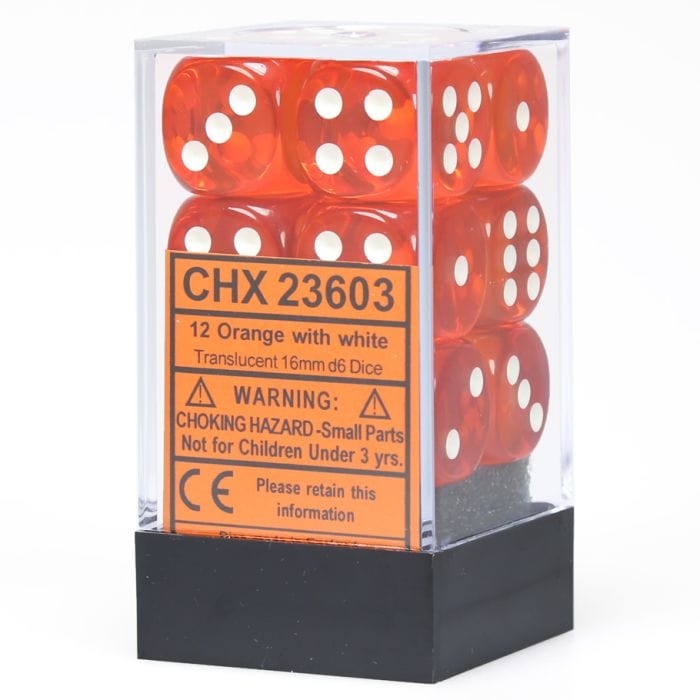 Chessex Manufacturing d6 Cube 16mm Translucent Orange with White (12) - Lost City Toys