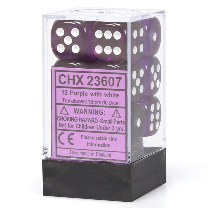 Chessex Manufacturing d6 Cube 16mm Translucent Purple with White (12) - Lost City Toys