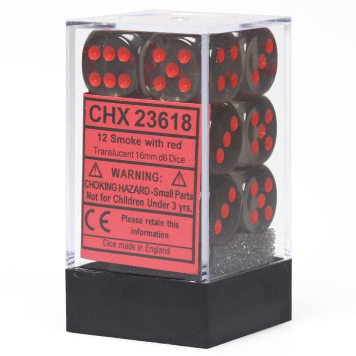 Chessex Manufacturing d6 Cube 16mm Translucent Smoke with Red (12) - Lost City Toys