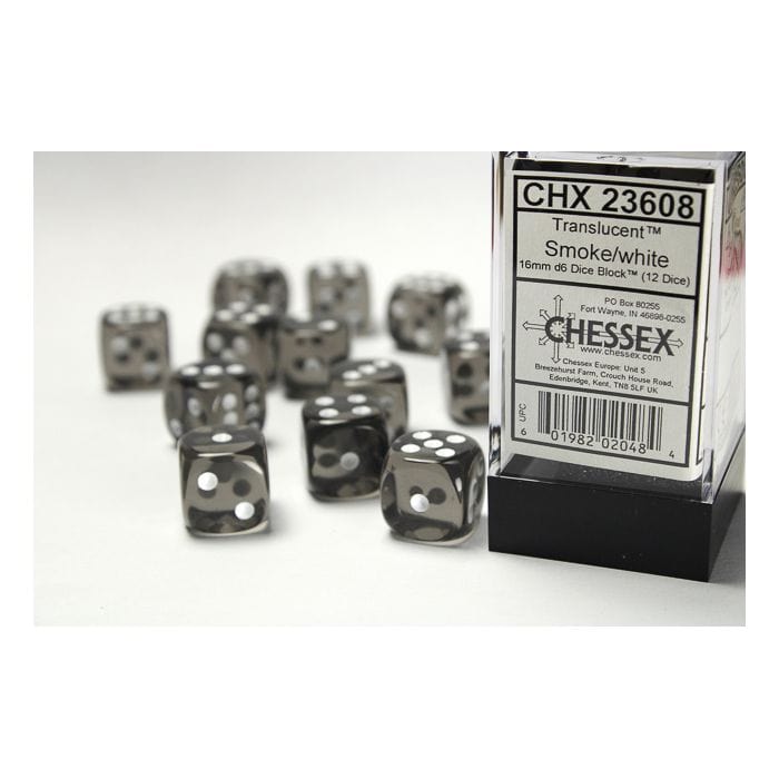 Chessex Manufacturing d6 Cube 16mm Translucent Smoke with White (12) - Lost City Toys