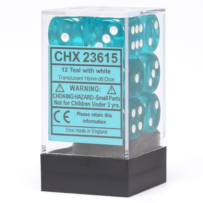 Chessex Manufacturing d6 Cube 16mm Translucent Teal with White (12) - Lost City Toys