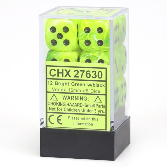 Chessex Manufacturing d6 Cube 16mm Vortex Bright Green with Black (12) - Lost City Toys