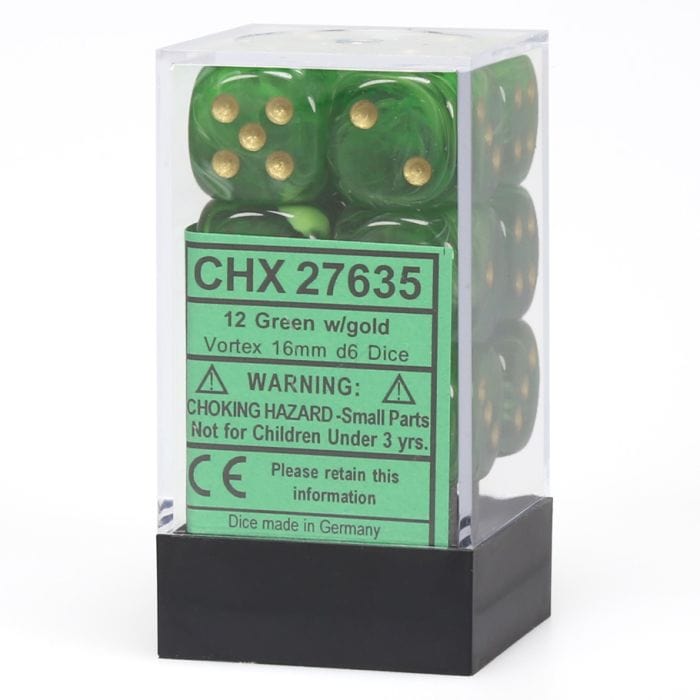 Chessex Manufacturing d6 Cube 16mm Vortex Green with Gold (12) - Lost City Toys