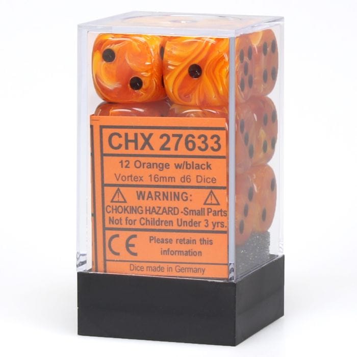 Chessex Manufacturing d6 Cube 16mm Vortex Orange with Black (12) - Lost City Toys