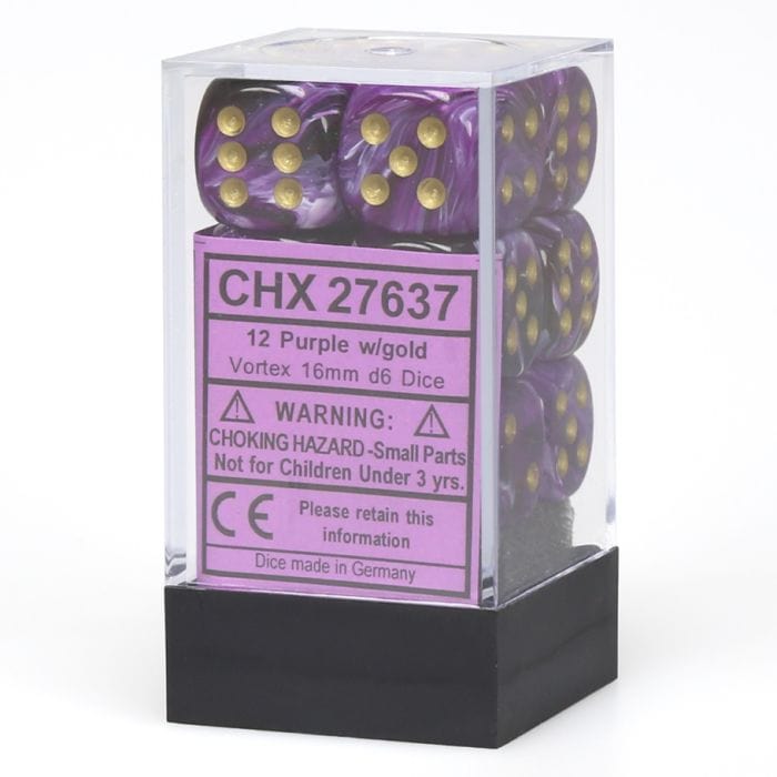 Chessex Manufacturing d6 Cube 16mm Vortex Purple with Gold (12) - Lost City Toys