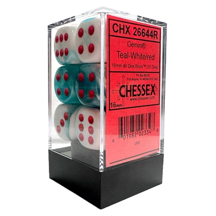 Chessex Manufacturing d6 Cube Gemini Teal White with Red (12) - Lost City Toys