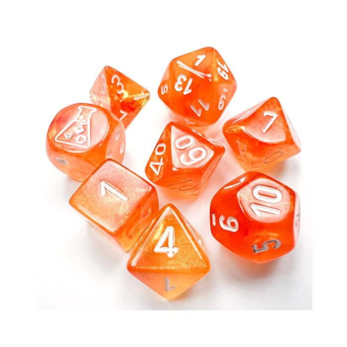 Chessex Manufacturing Dice and Dice Bags 7-Set Tube Lab Dice Borealis Luminary Blood Orange with White