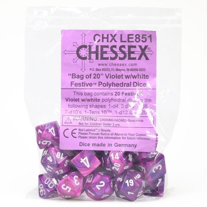 Chessex Manufacturing Dice and Dice Bags Chessex Manufacturing Assorted Bag of Festive Violet with White (20)