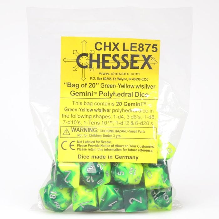 Chessex Manufacturing Dice and Dice Bags Chessex Manufacturing Assorted Bag of Gemini Green and Yellow with Silver (20)