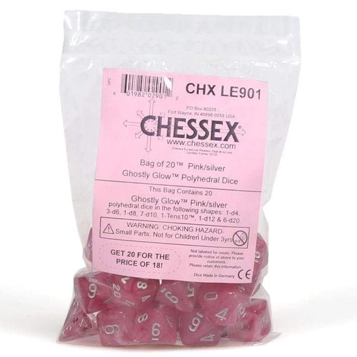 Chessex Manufacturing Dice and Dice Bags Chessex Manufacturing Assorted Bag of Vortex Ghostly Glow Pink with Silver (20)