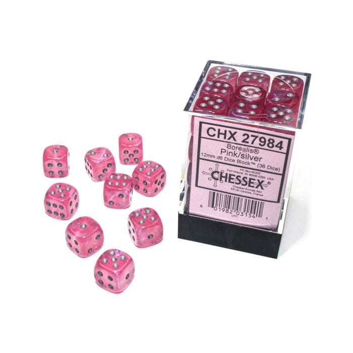 Chessex Manufacturing Dice and Dice Bags Chessex Manufacturing d6 Cube 12mm Borealis Luminary Pink with Silver (36)