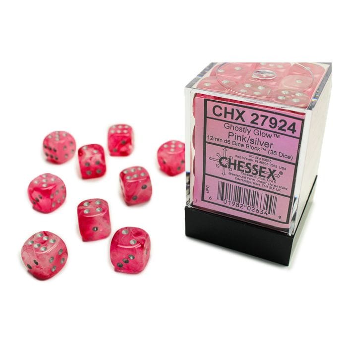 Chessex Manufacturing Dice and Dice Bags Chessex Manufacturing d6 Cube 12mm Ghostly Glow Pink with Silver (36)