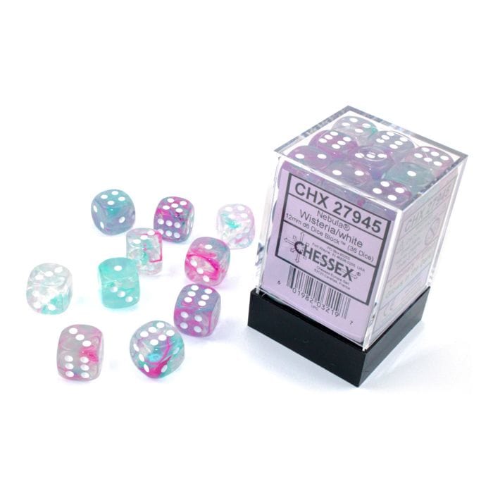 Chessex Manufacturing Dice and Dice Bags Chessex Manufacturing d6 Cube 12mm Luminary Nebula Wisteria with White (36)