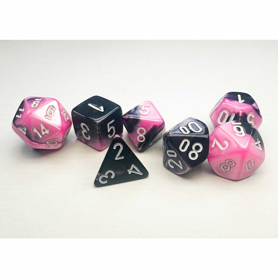 Chessex Manufacturing Gemini: Mini - Polyhedral Black - Pink/white 7 - Die Set - Lost City Toys
