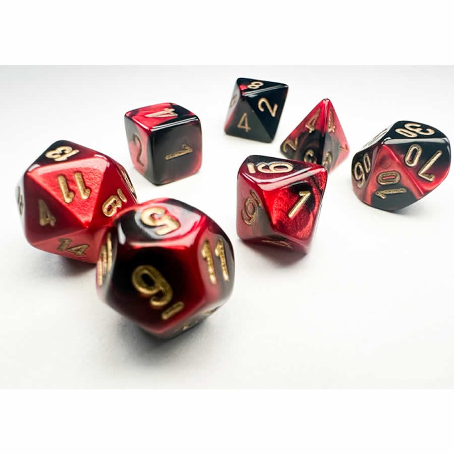 Chessex Manufacturing Gemini: Mini - Polyhedral Black - Red/gold 7 - Die Set - Lost City Toys