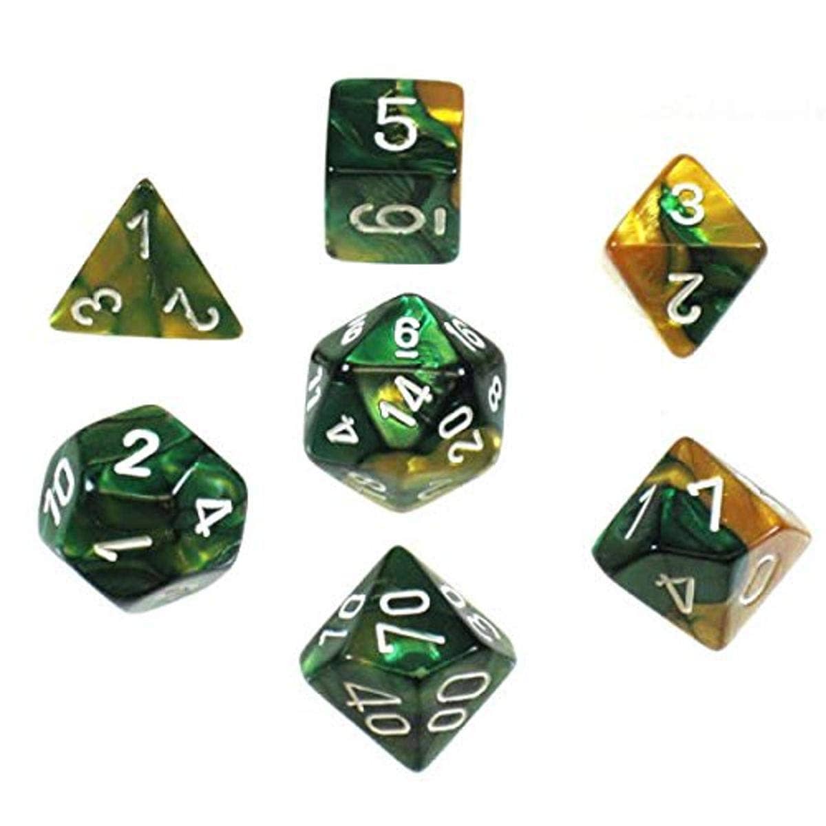 Chessex Manufacturing Gemini: Poly Gold Green/White (7) - Lost City Toys