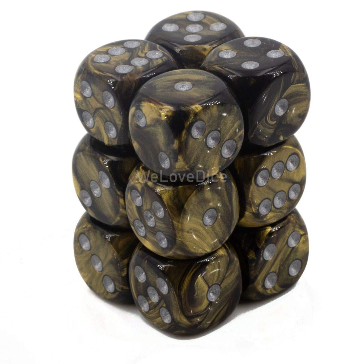 Chessex Manufacturing Leaf 16mm D6 Black/Gold/Silver (12) - Lost City Toys