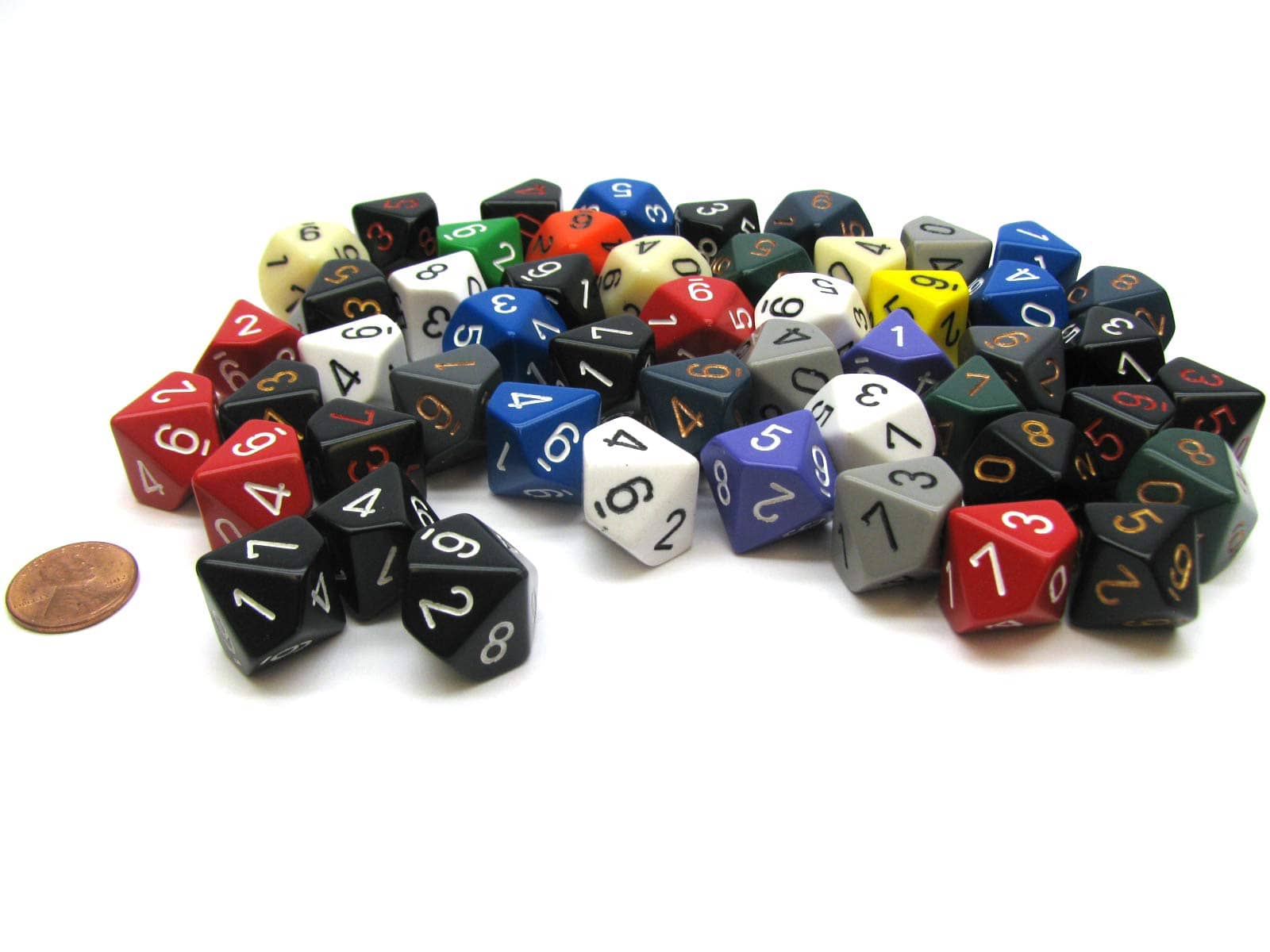 Chessex Manufacturing Opaque: D10 Poly Assorted Bag of Dice (50) - Lost City Toys