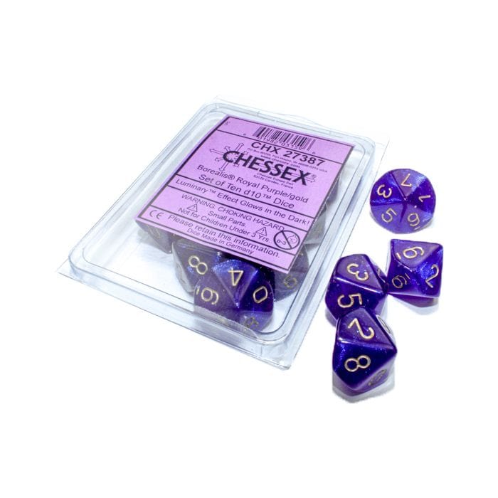 d10 Clamshell Borealis Luminary Royal Purple with Gold (10) - Lost City Toys