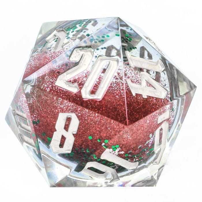 d20 Single 54mm Snow Globe Red and Green Glitter with Silver Snowflakes Silver - Lost City Toys