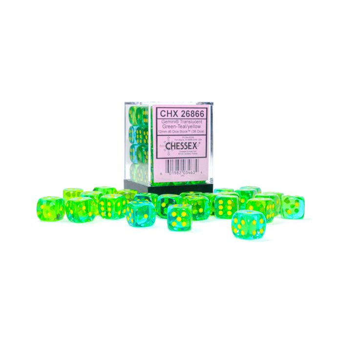 d6 Cube 12mm Gemini Translucent Green - Teal with Yellow (36) - Lost City Toys