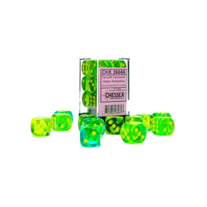 d6 Cube 16mm Gemini Translucent Green - Teal with yellow (12) - Lost City Toys