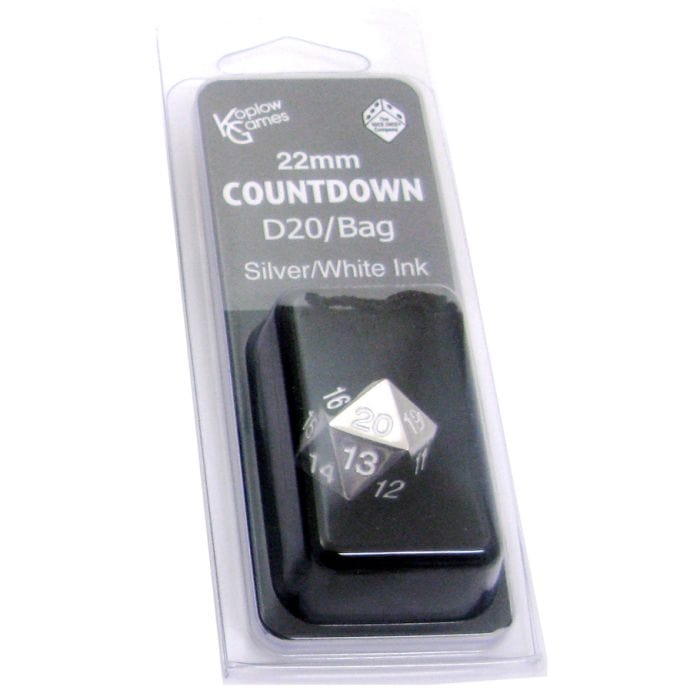 Koplow d20 Clamshell Single 22mm Metal Countdown with Bag Silver with White - Lost City Toys