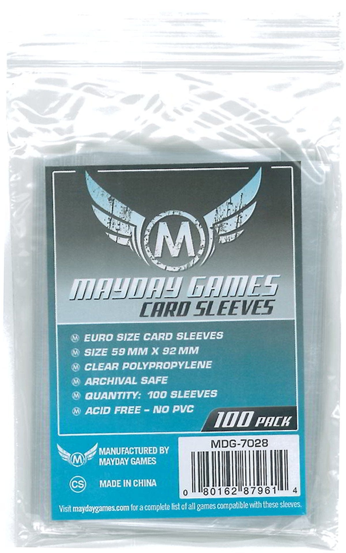 Mayday Games Inc Sleeves: Euro Card Sleeves 59mm x 92mm (100) - Lost City Toys