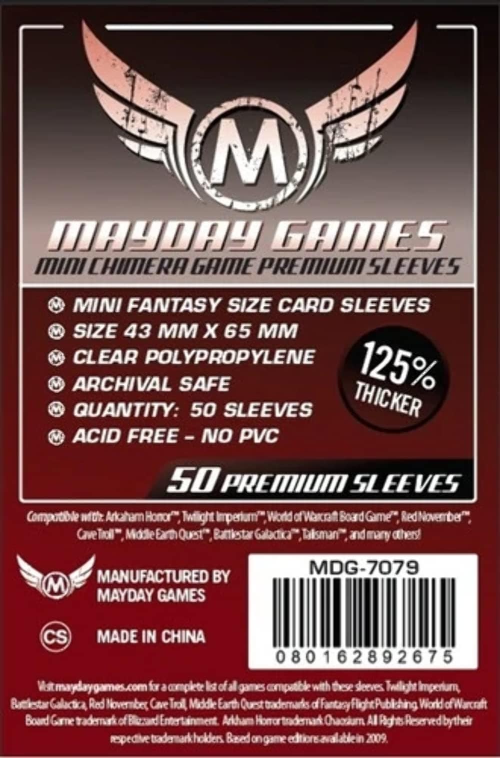 Mayday Games Inc Sleeves: Premium Mini Chimera Sleeves 43mm x 65mm Dark Red (50) - Lost City Toys