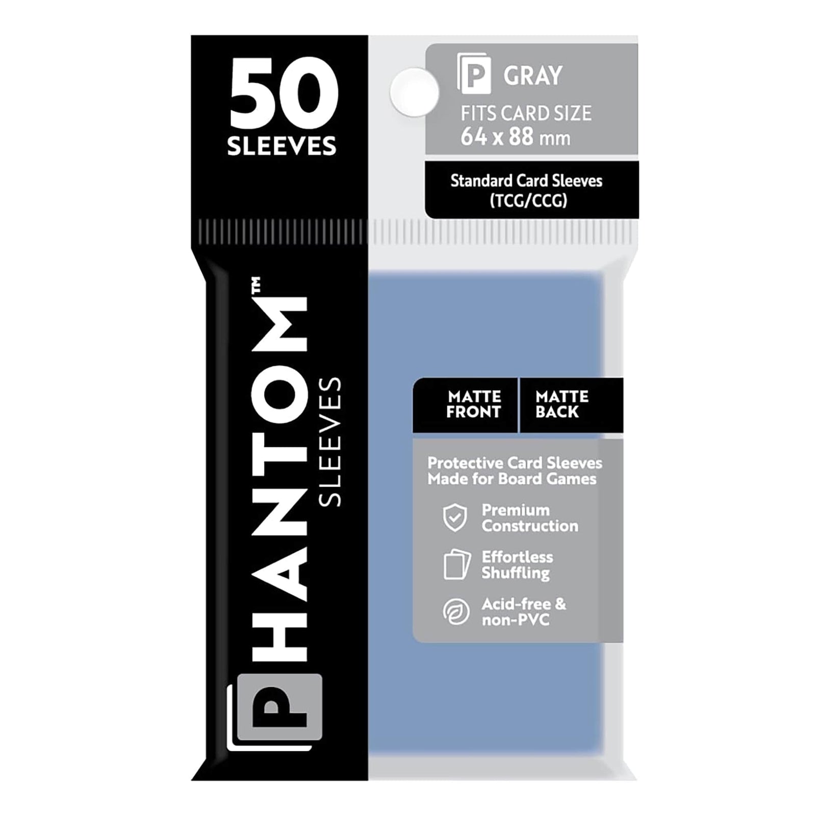 """Phantom Sleeves: """"Gray Size"""" (64mm x 88mm) - Matte/Matte (50)""" - Lost City Toys