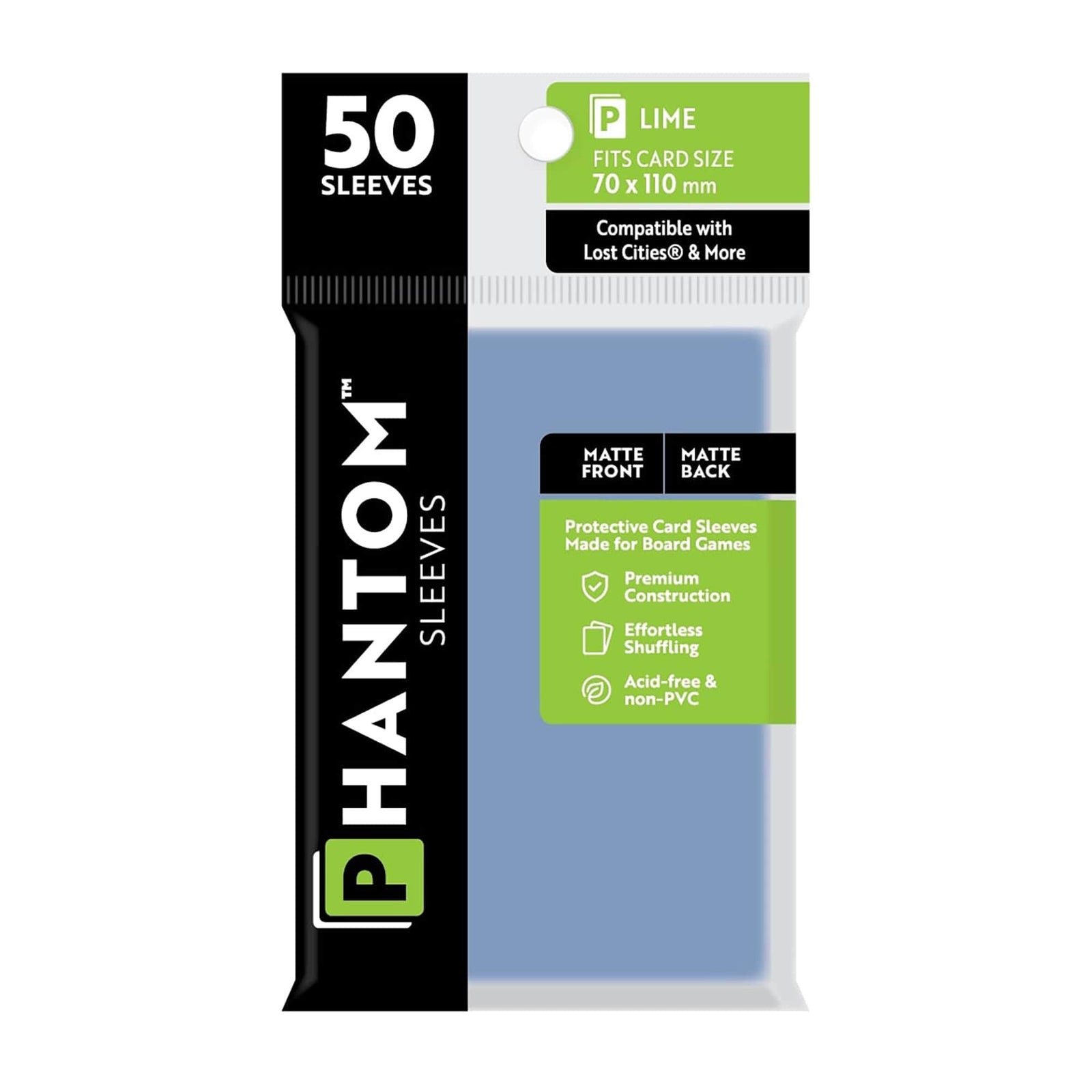 """Phantom Sleeves: """"Lime Size"""" (70mm x 110mm) - Matte/Matte (50)""" - Lost City Toys