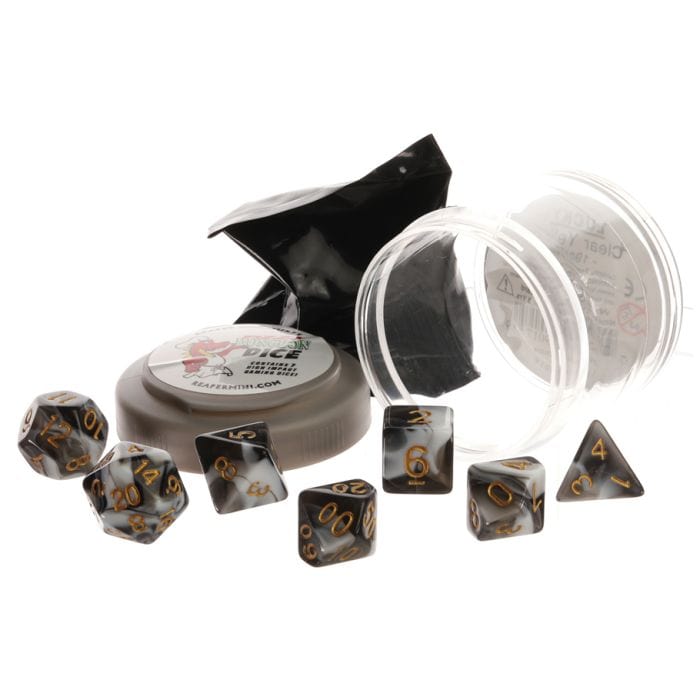 Reaper Miniatures Pizza Dungeon Dice: Dual White & Black with Gold - Lost City Toys