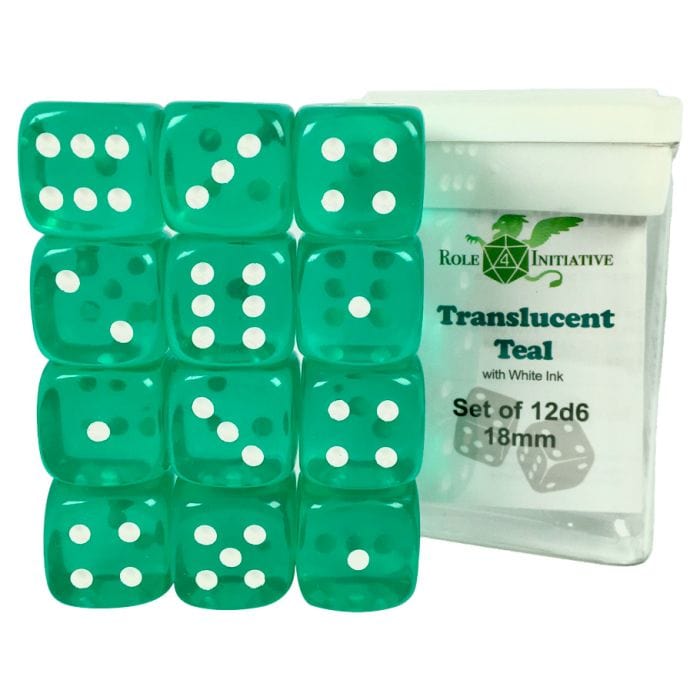 Role 4 Initiative d6 Cube 18mm Translucent Teal with pips (12) - Lost City Toys