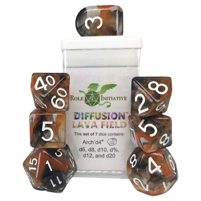 Role 4 Initiative Dice and Dice Bags 7-Set Diffusion Lava Field with White with Arch'd4 & Balance'd20