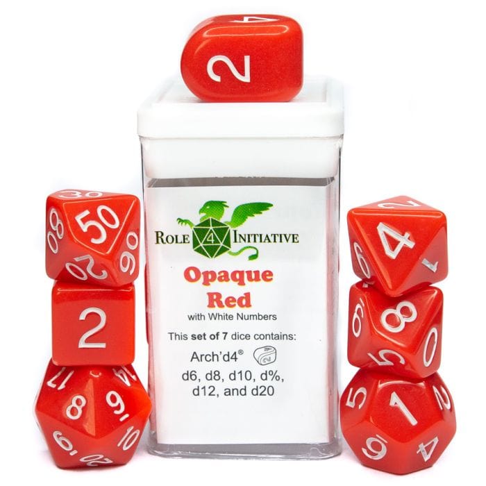 Role 4 Initiative Dice and Dice Bags Role 4 Initiative 7-Set Opaque Red with White with Arch'd4