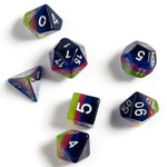 Sirius Dice 7 - Set Opaque Resin Pink, Green, and Blue with White - Lost City Toys