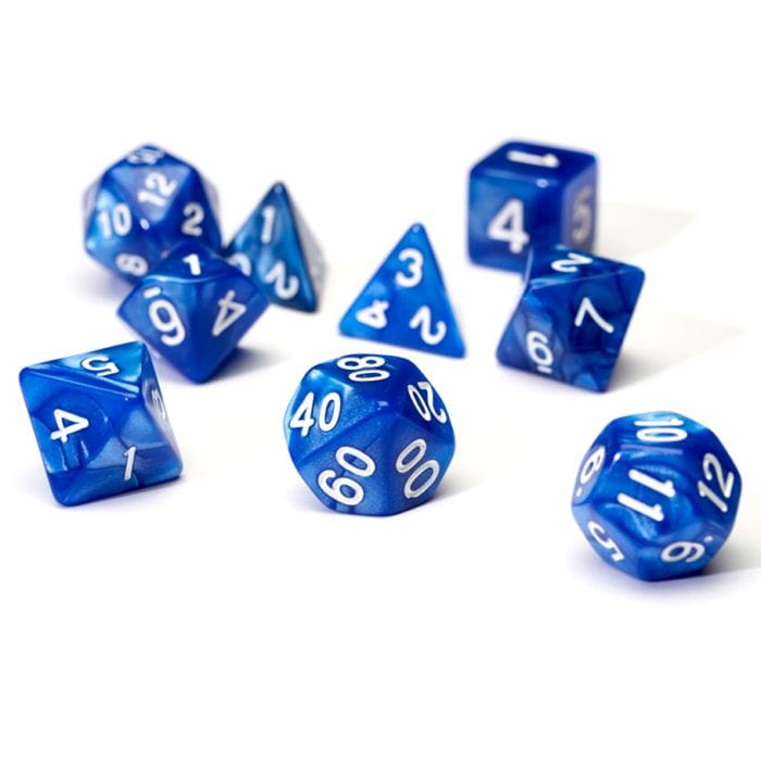 Sirius Dice 7 - Set Pearl Acrylic Blue with White - Lost City Toys