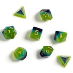 Sirius Dice 7 - Set Translucent Resin Green and Blue with Gold - Lost City Toys
