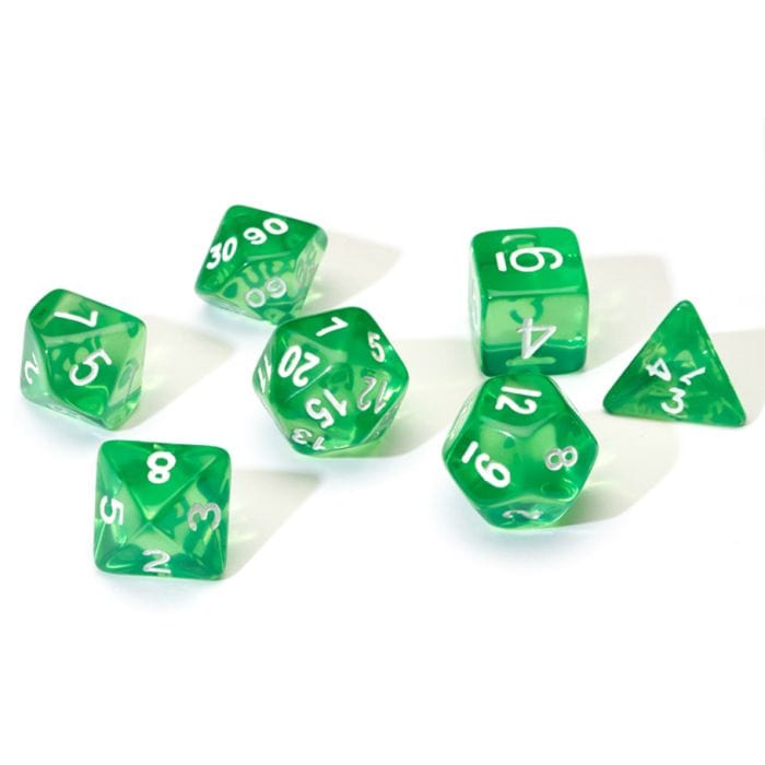 Sirius Dice 7 - Set Translucent Resin Green with White - Lost City Toys