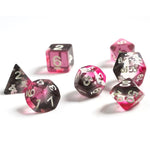 Sirius Dice 7 - Set Translucent Resin Pink, Black, and Clear with White - Lost City Toys