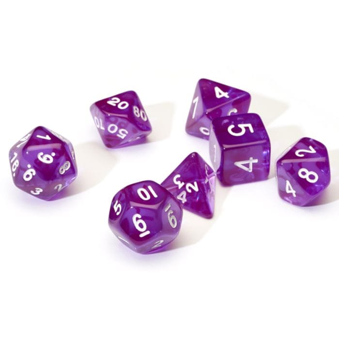 Sirius Dice 7 - Set Translucent Resin Purple with White - Lost City Toys
