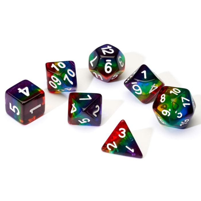 Sirius Dice 7 - Set Transparent Layered Resin Rainbow with White - Lost City Toys